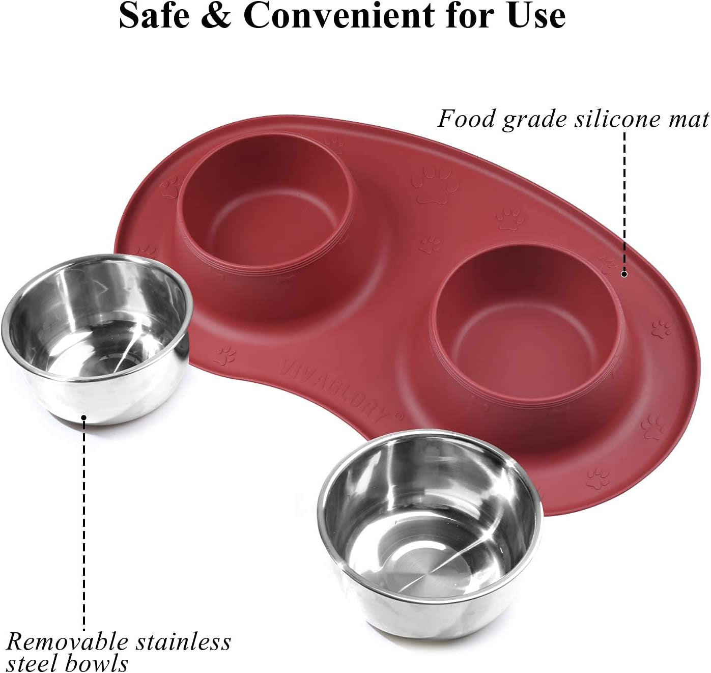 Dog Bowls Set, Double Stainless Steel Feeder Bowls and Wider Non Skid Spill Proof Silicone Mat Pet Puppy Cats Dogs Bowl, Burgundy