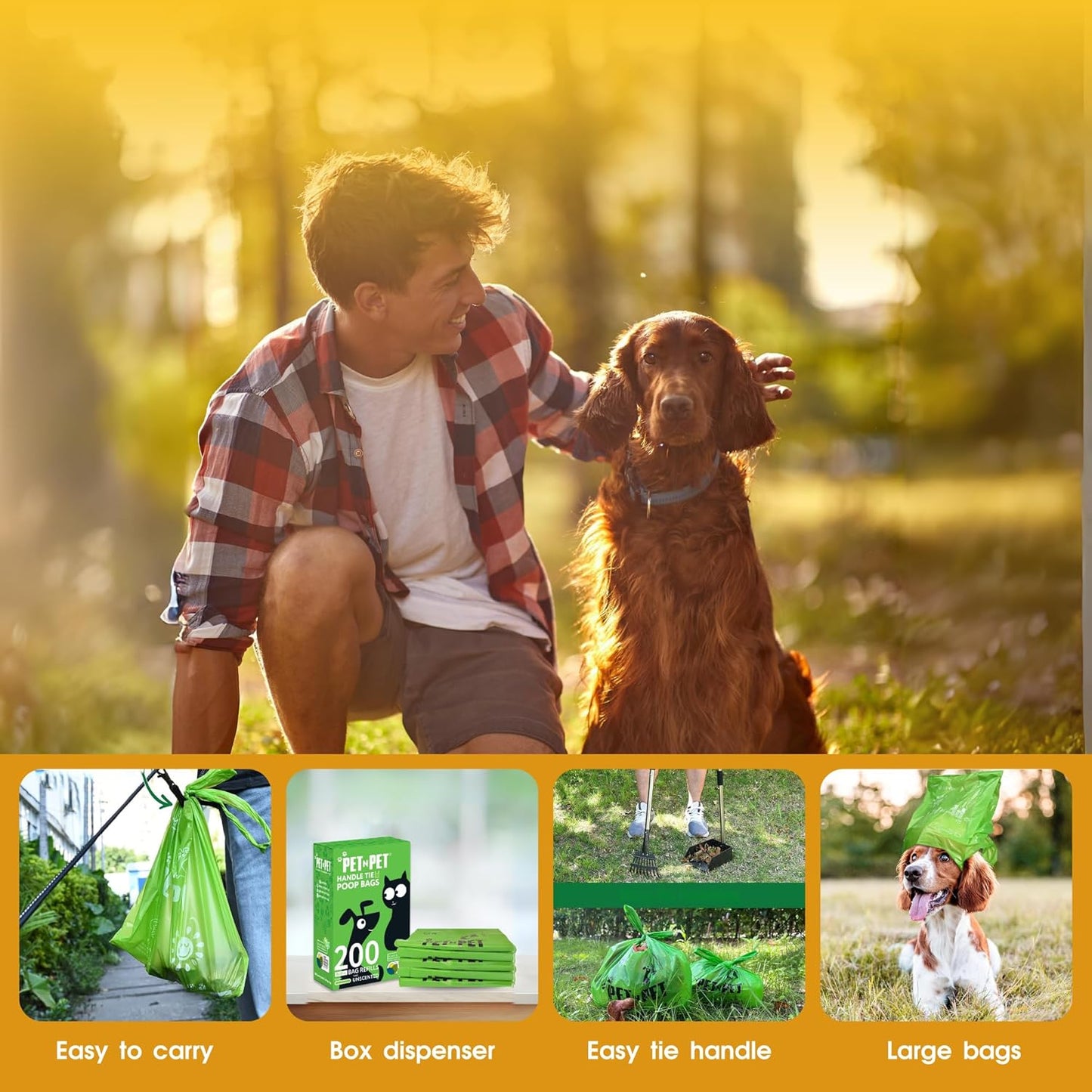 200 Counts Unscented Dog Poop Bags Rolls with Tie Handles, 41% Plant Based & 59% PE Poop Bags for Dogs, Extra-Thick Doggie Poo Bag, Pet Waste Bag