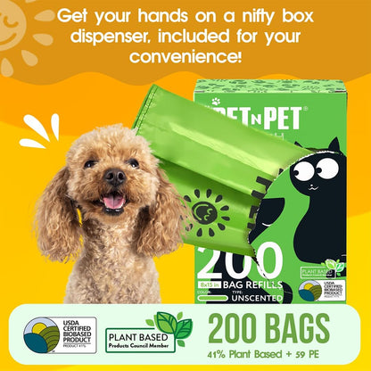 200 Counts Unscented Dog Poop Bags Rolls with Tie Handles, 41% Plant Based & 59% PE Poop Bags for Dogs, Extra-Thick Doggie Poo Bag, Pet Waste Bag