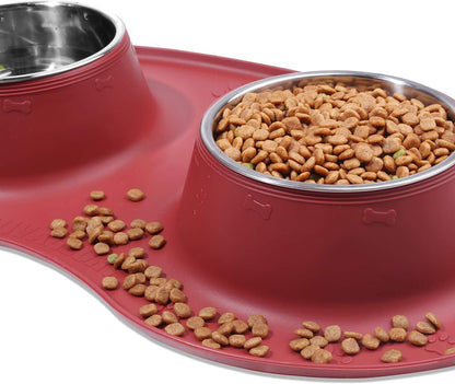 Dog Bowls Set, Double Stainless Steel Feeder Bowls and Wider Non Skid Spill Proof Silicone Mat Pet Puppy Cats Dogs Bowl, Burgundy