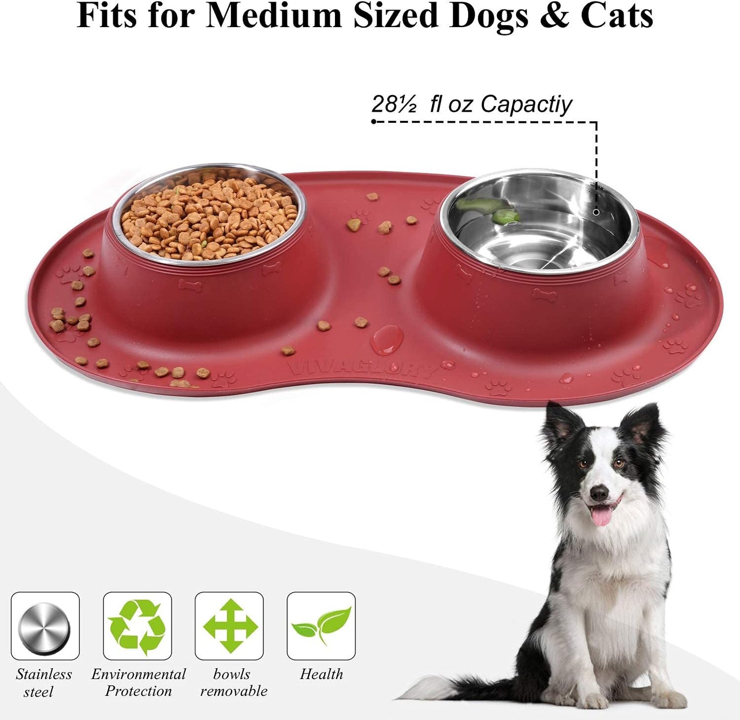 Dog Bowls Set, Double Stainless Steel Feeder Bowls and Wider Non Skid Spill Proof Silicone Mat Pet Puppy Cats Dogs Bowl, Burgundy